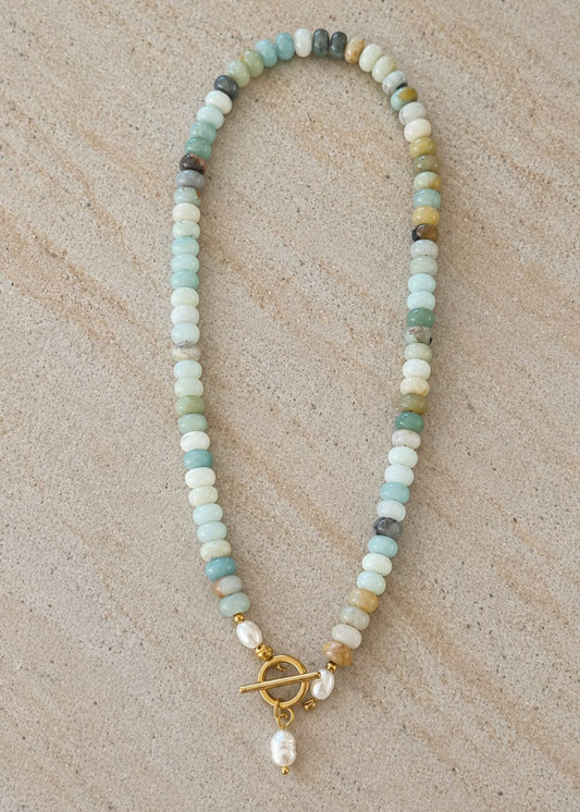The Shore Stone — Ocean shade beads & Pearl Necklace